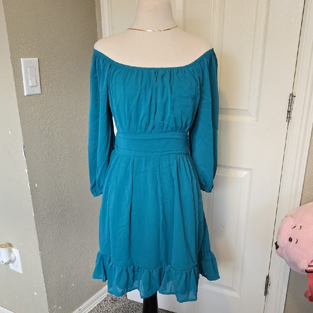 Teal Off-the-Shoulder Long Sleeve Ruffle-Hem Dress Size L NEW